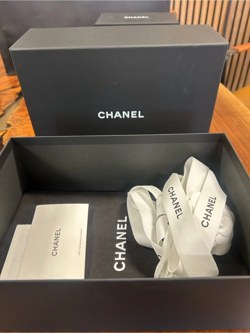 CHANEL Gift Box with Dust Bag and Camellia accessory- Large Rectangular